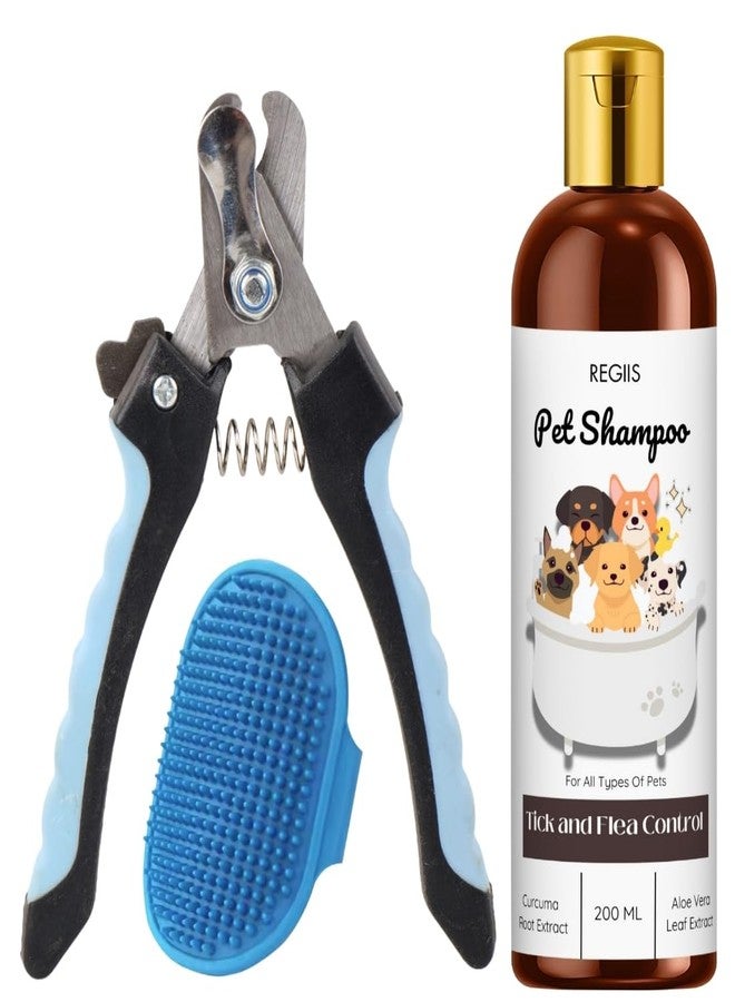 شامبو ريجيس للحيوانات الأليفة للكلاب والقطط مع مكافحة القراد والبراغيث، تركيبة طبيعية من مستخلص الكركم والصبار، 200 مل، يتضمن فرشاة تنظيف الحيوانات الأليفة ومقص أظافر (عبوة من 3 قطع) - Image 1